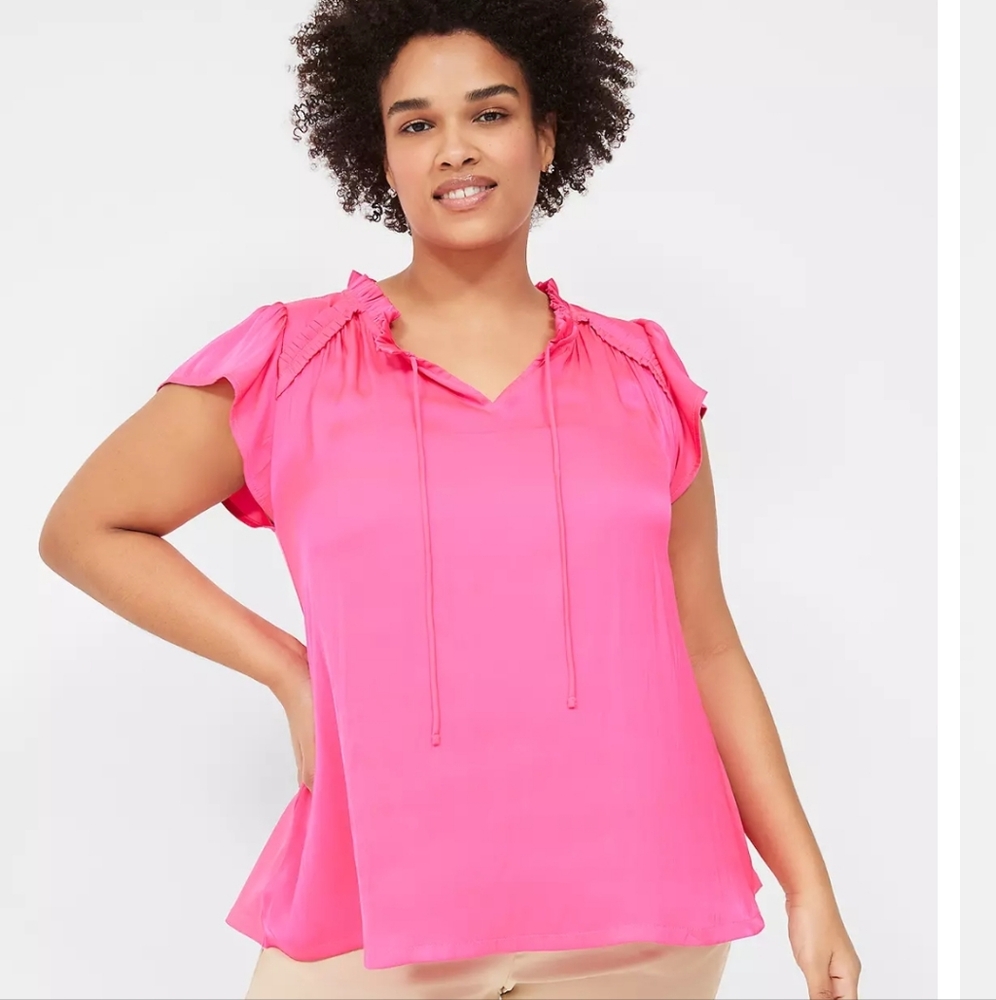 Lane Bryant Plus Size Neon Pink Cap Flutter-Sleeve Satin & Knit Top